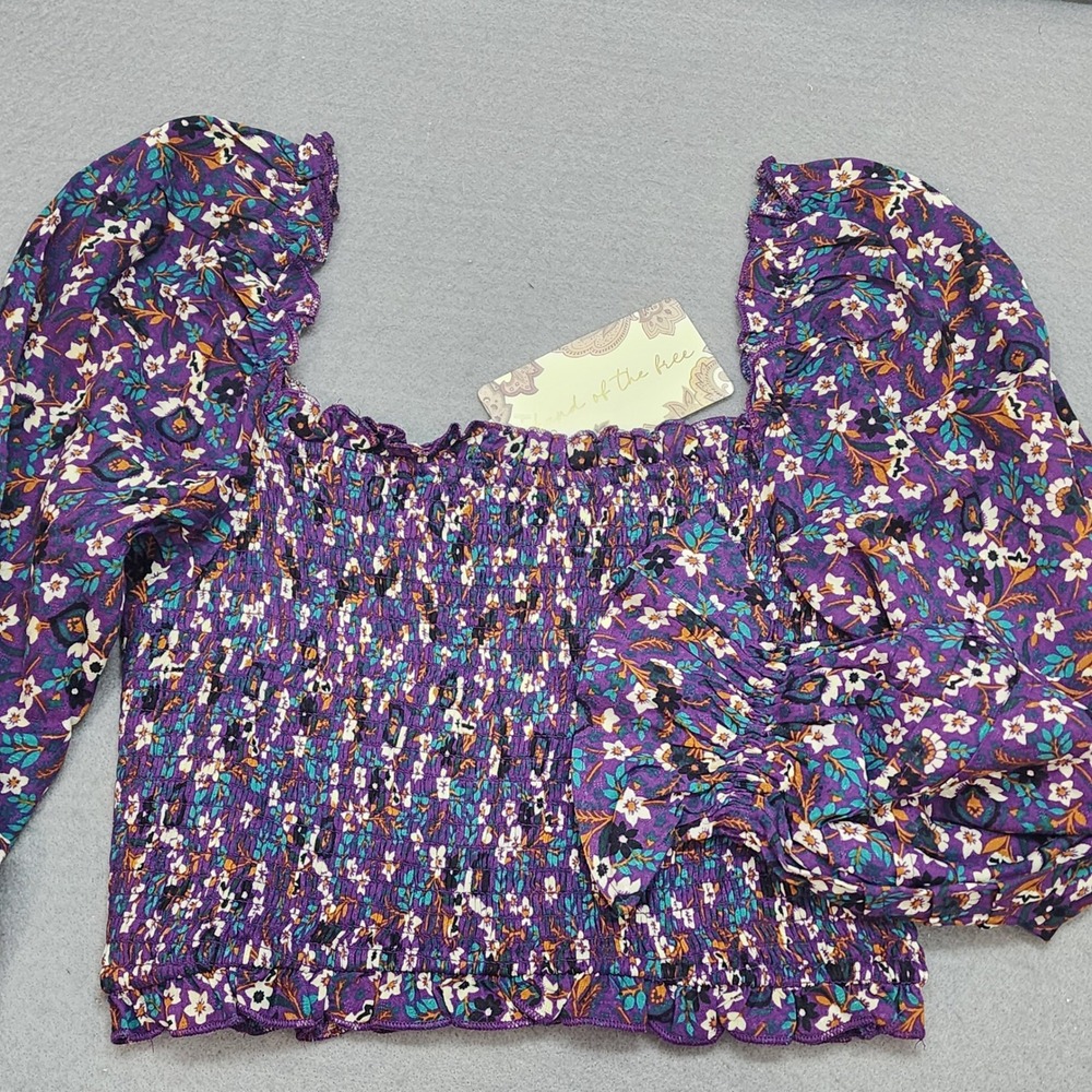 Land of the Free Smocked Crop Top‎ Purple Floral Puff Sleeve Womens Size S